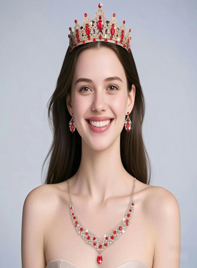 Geurlev Tiaras and Crowns for Women,Tiaras Earrings Necklace, Crystal Bridal Jewelry Set (Gold Red) - Image 2